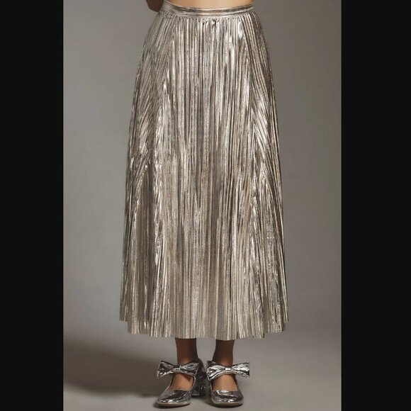 Anthropologie | Metallic Pleated Midi Skirt | Silver, size 12 - Picture 2 of 11